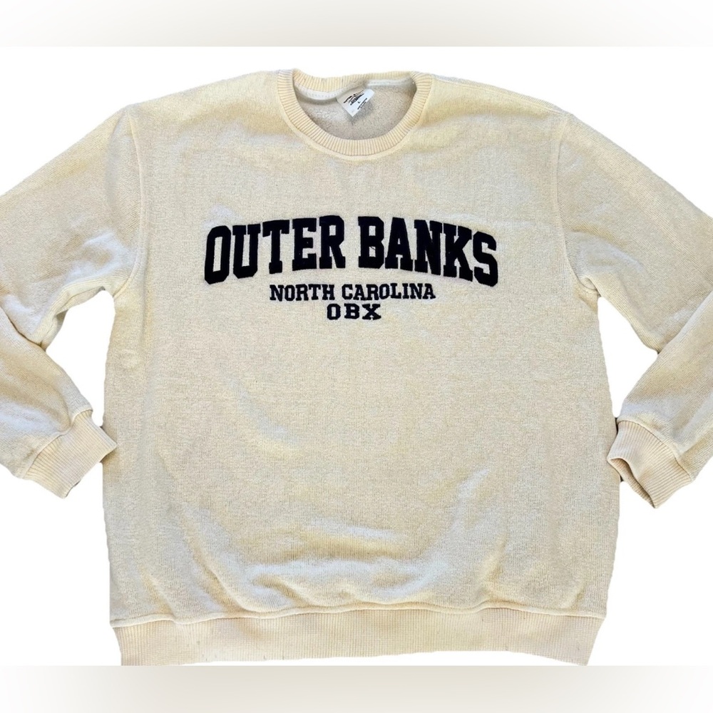 Outer Banks Coastal Collection Knit Lightweight Embroidered Sweater Mens L Beige